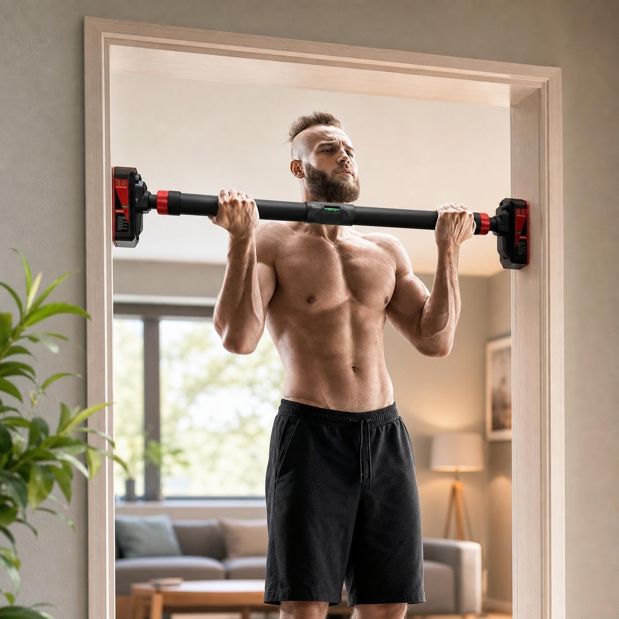 Pull Up Bar - บาร์โหนติดประตู บาร์โหนติดกรอบประตูพร้อมตัวล็อกนิรภัย อุปกรณ์ออกกำลังกายสำหรับใช้ที่บ้าน ฝึกกล้ามเนื้อส่วนบน พร้อมฟังก์ชันออกกำลังกายแบบ 4-in-1