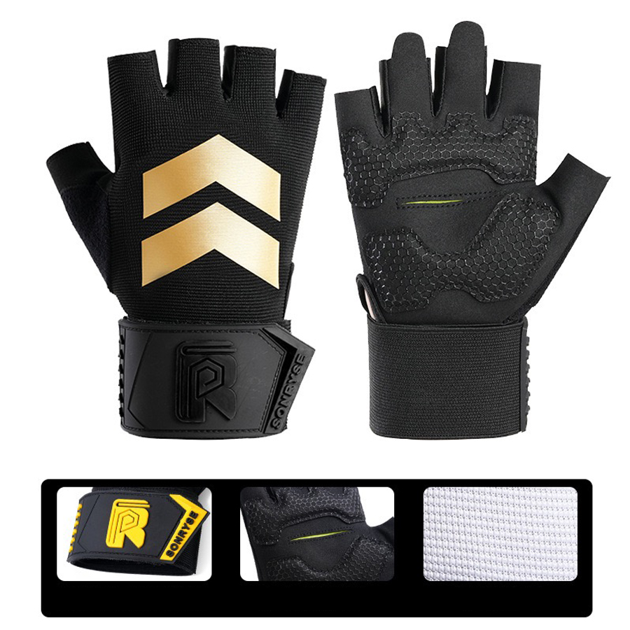 Weightlifting Gloves - ถุงมือฟิตเนสแบบครึ่งนิ้วพร้อมแผ่นป้องกันข้อมือในตัวสำหรับผู้ชายและผู้หญิง ถุงมือยกน้ำหนักกันลื่นและทนต่อการสึกหรอ