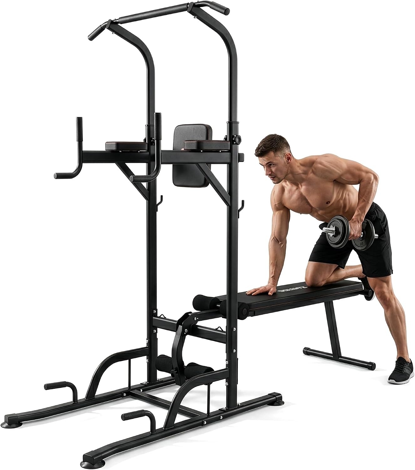 Pull Up Bar - อุปกรณ์ออกกำลังกายแบบครบวงจร ประกอบด้วยแท่นดึงข้อและดิป พร้อมราวสำหรับดึงข้อ และม้านั่งพับได้ เหมาะสำหรับการออกกำลังกายที่บ้านและการฝึกยกน้ำหนักบนม้านั่ง